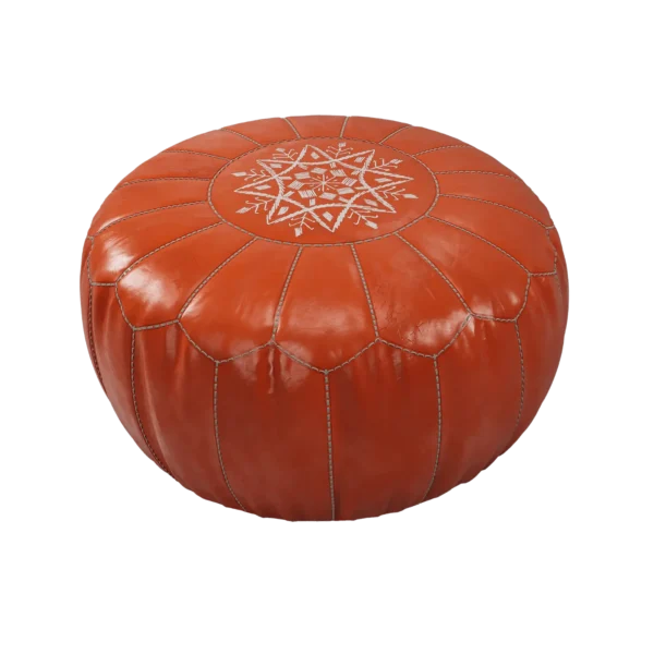 Round Orange Moroccan Leather Pouf